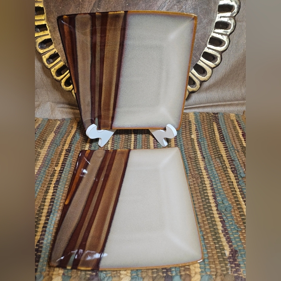 Retired Sango glazed stoneware Avanti Brown 8" square salad plates 4722 Set of 2 - Picture 2 of 8